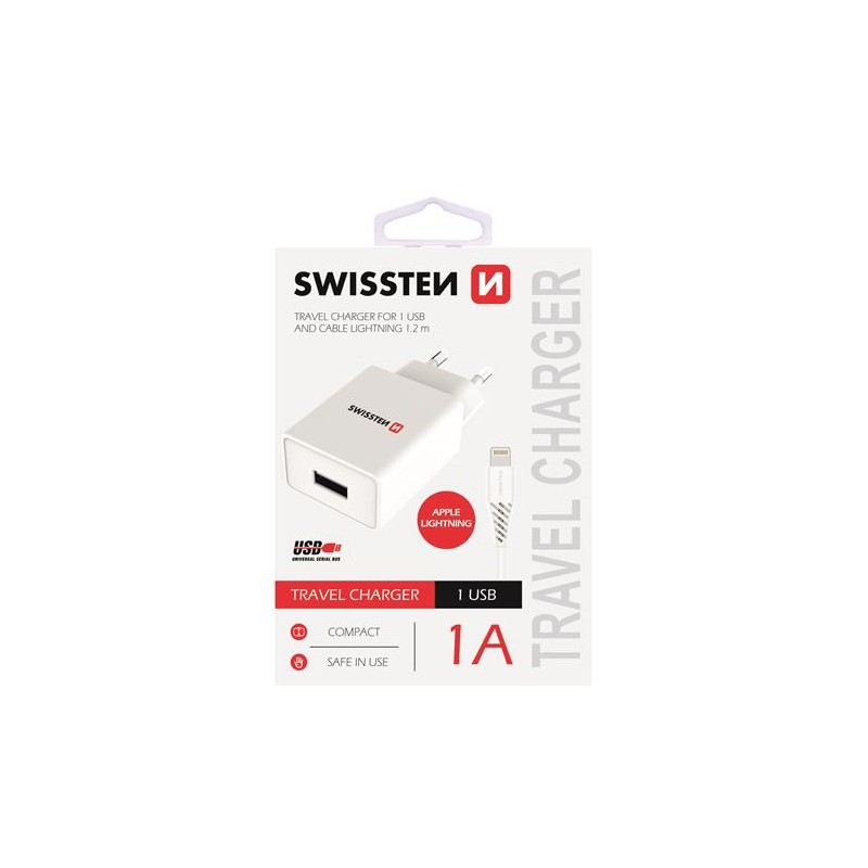 Swissten SMART IC újratölthető adapter, CE 1x USB 1 A POWER fehér+USB / Lightning adatkábel