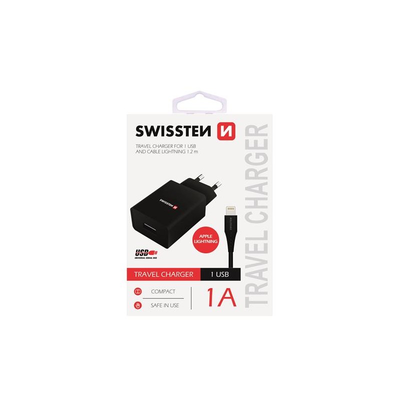 Swissten újratölthető adapter SMART IC, CE 1x USB 1 A FEKETE+ADATKÁBELWISSTEN USB/ Lightning