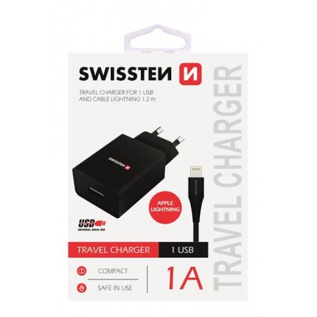 Swissten újratölthető adapter SMART IC, CE 1x USB 1 A FEKETE+ADATKÁBELWISSTEN USB/ Lightning